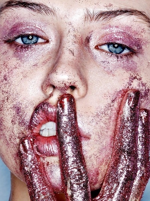 Charlotte Free in "Don't Be Cruel" / Photographed by Donna Trope / For Purple Fashion Magazine Fall/Winter 2014/2015 glitter hands! #skin #glitter #color