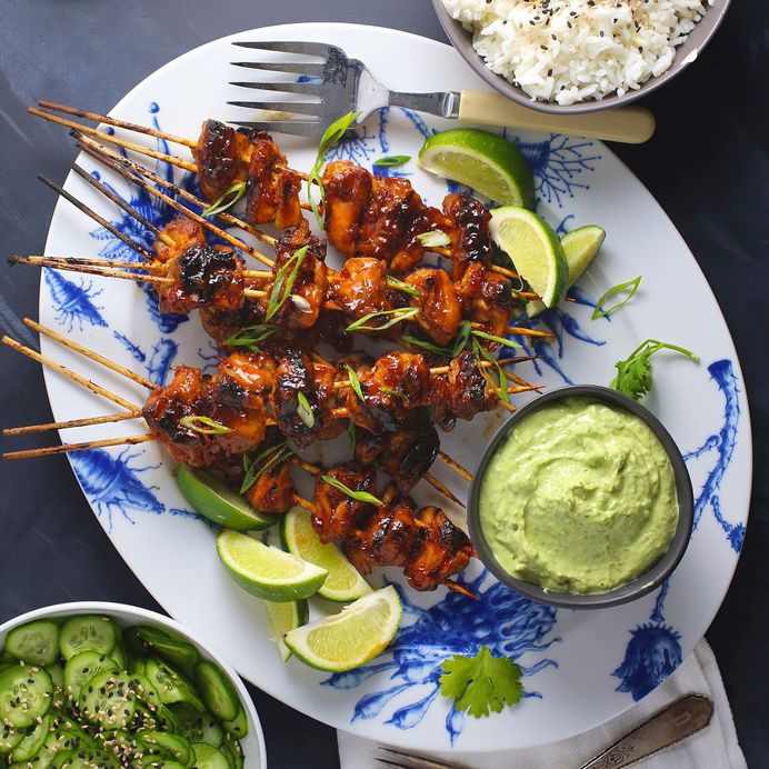 Asian Chicken Skewers With Creamy Avocado, Cilantro & Lime Sauce