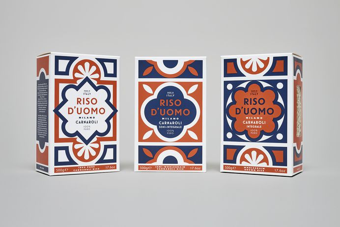 Branding and packaging by London-based Here Design for Milanese artisan rice brand Riso D'uomo