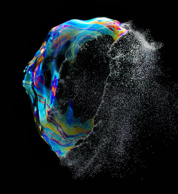 Iridient No. 03 (2012) A floating soap bubble is captured at the moment it bursts, and surface tension is broken. #colors
