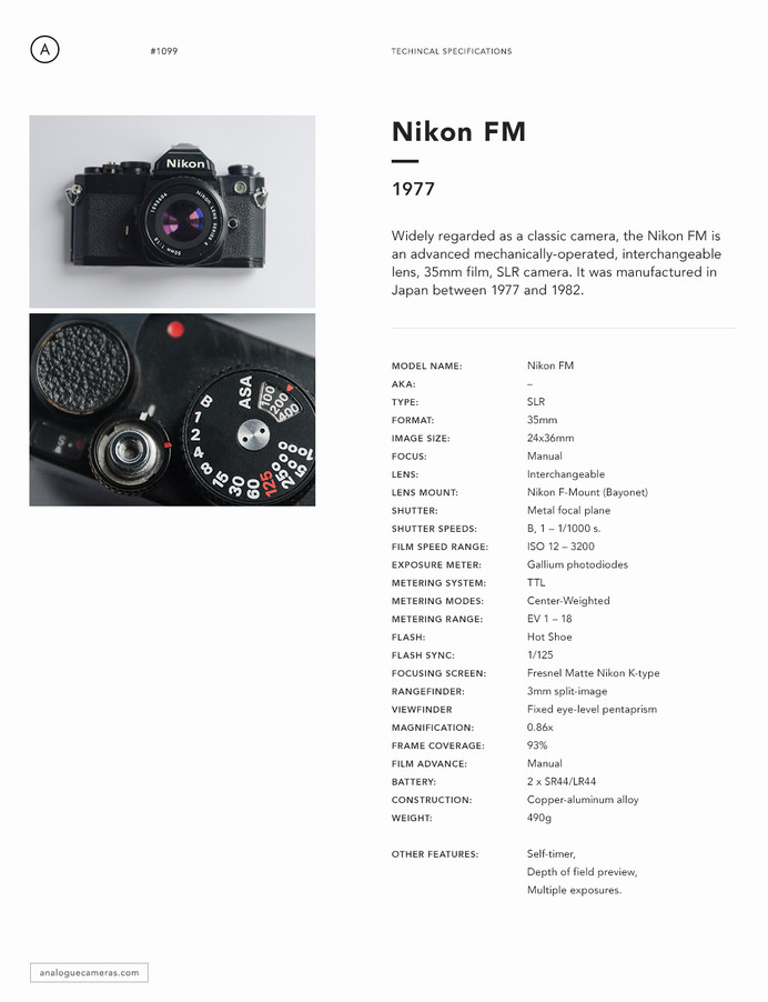 Nikon FM spec sheet #spec #35mm #camera #clean #photography #data #minimal #sheet #nikon