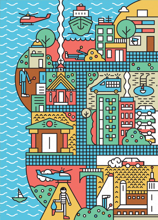 #illustrations #city #vector #poster #art #tpienczak #game #car #pepole #water #plane #man #street #streetart