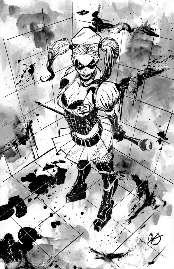 harley quinn black and white drawing