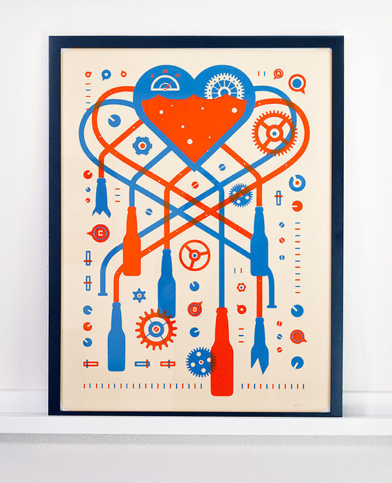Poster inspiration example #230: Beer Love Machine Poster 18x24 Poster #heart #beer #machine #brew #poster #overprint #gears #love