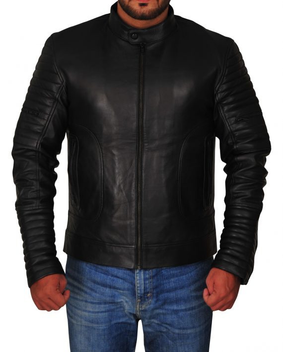 Men Padded Design Black Leather Jacket
