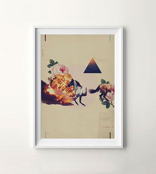 Fuego y Caballo. Collage composition mixing subtle and vibrant vintage illustrations.
