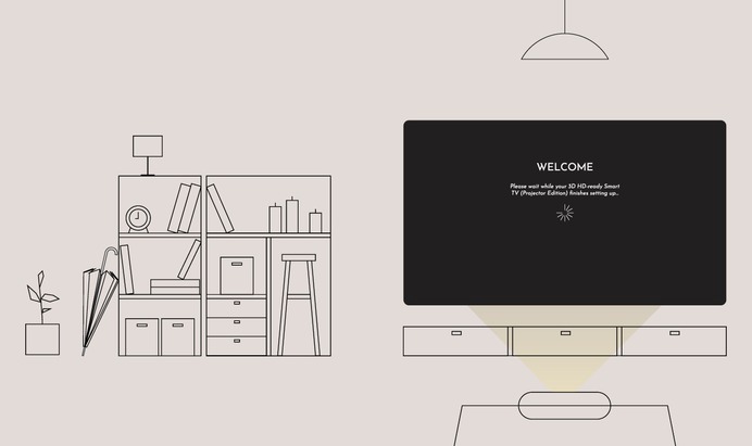 Minimalist illustration of smart cinema technology with home decor.