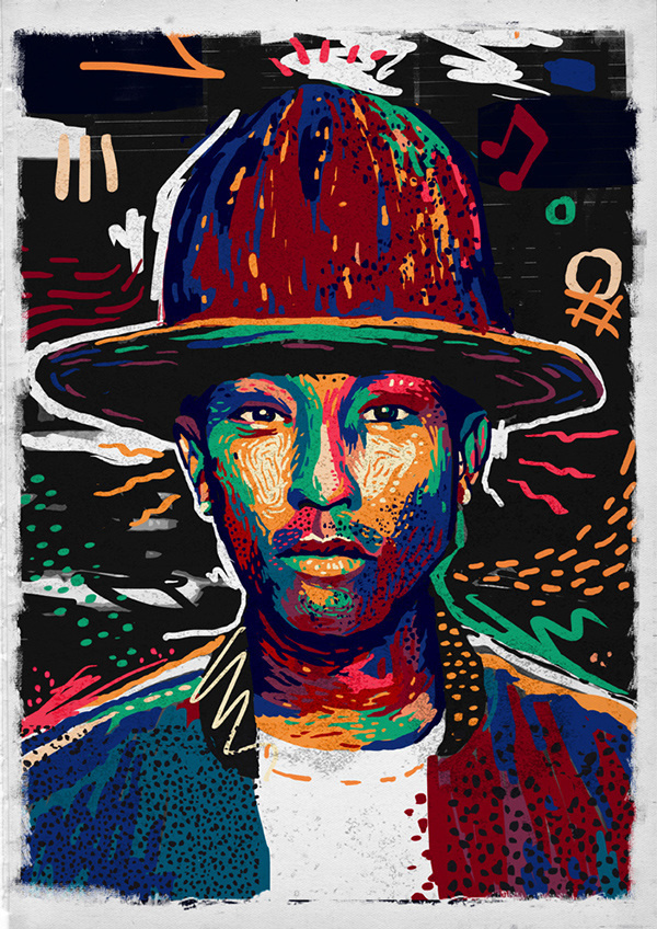 Pharrell Wiliams by Andy Gellenberg https://www.behance.net/AndyGellenberg #pattern #streetart #color #pharrell #hiphop #portrait #music #drawing