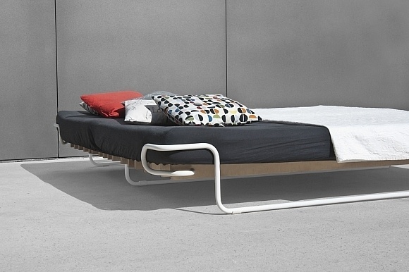 The Fin bed frame was designed by Sofia Löser and Henrik Bettels. Made of steel and slatted birch plywood, the frame delivers both strength #frame #furniture #desgin #bed #functional #minimalist