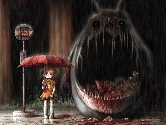 Konachan.com - 13112 blood gun parody tonari_no_totoro umbrella weapon.jpg (1600×1200) #totoro
