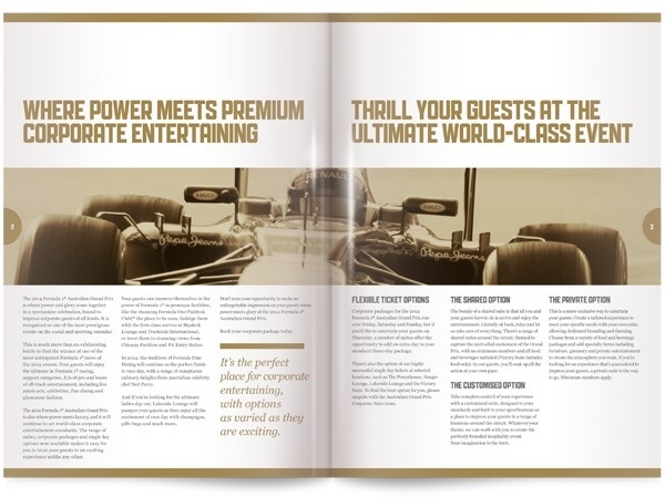 Brochure design idea #53: Hospitality Brochure 2014 Australian Formula 1 on Behance #grand #hospitality #f1 #prix #brochure