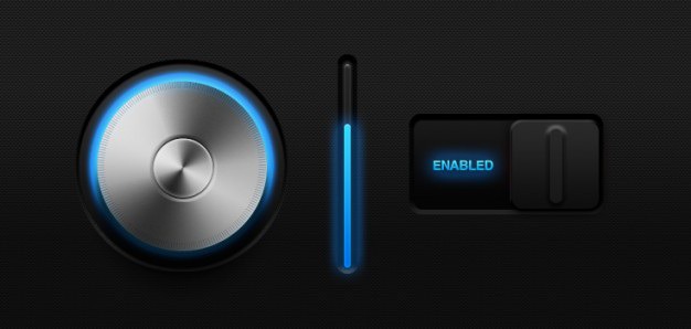 Glowing volume knob & ; switch psd Free Psd. See more inspiration related to Button, Psd, Glow, Switch, Volume, Horizontal, Knob and Glowing on Freepik.