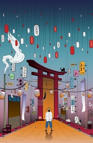 "Lost in Time" #japan #illustration #torii #cat #fantasy #lanterns