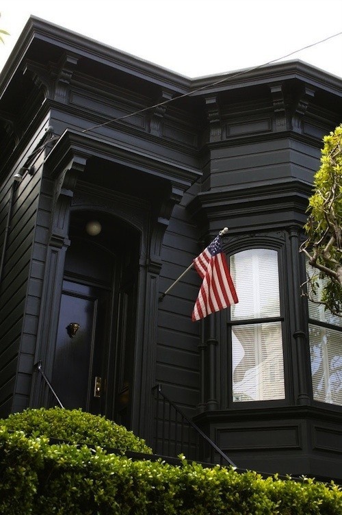 Black Painted San Francisco Victorian with American Flag #flag #house #black