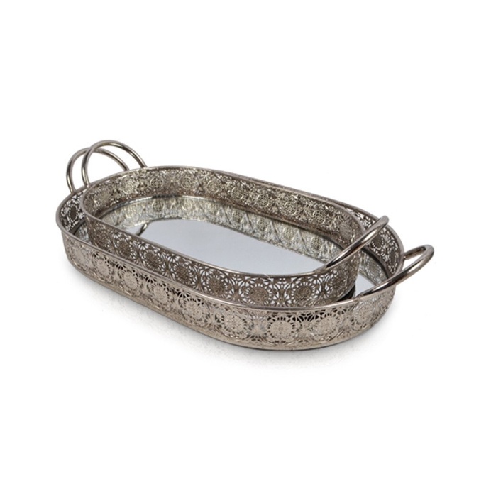 Moroccan Silver Oval Tray With Mirror Base and Handles, Set of Two 45cm x 28, 37cm x 21.5cm
