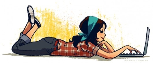 Vera Brosgol Sketch / verabee.com #laptop #plaid #illustration #cartoons #illust