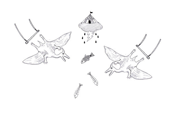 illustrations forÂ twisty parallel universe #universe #fish #circus #twisty #illustration #dinosaur #parallel #bw