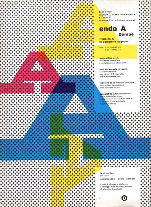 Franco Grignani Pagina pubblicitaria - Endo A vitanina A in soluzione acquosa Annuncio presente nella rivista Bellezza d'Italia, rassegn #grignani #graphic #franco #typography