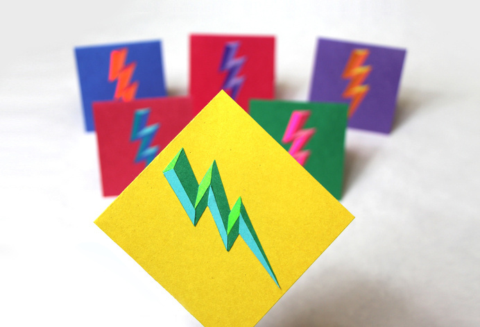 lightning bolt greeting cards by Joelle McKenna #layered #texture #lightning #paper #bright #color #composition #bevel #shadow #icon #photo #photography #cards #light #cut #iconic #bolt #balance #greeting #layout #dark