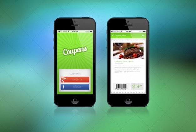 Two screens for coupon app Free Psd. See more inspiration related to Mockup, Coupon, Mock up, App, Product, Psd, Barcode, Screen, Horizontal, Two, Detail, Pricetag, Screens, Resolution and Retina on Freepik.