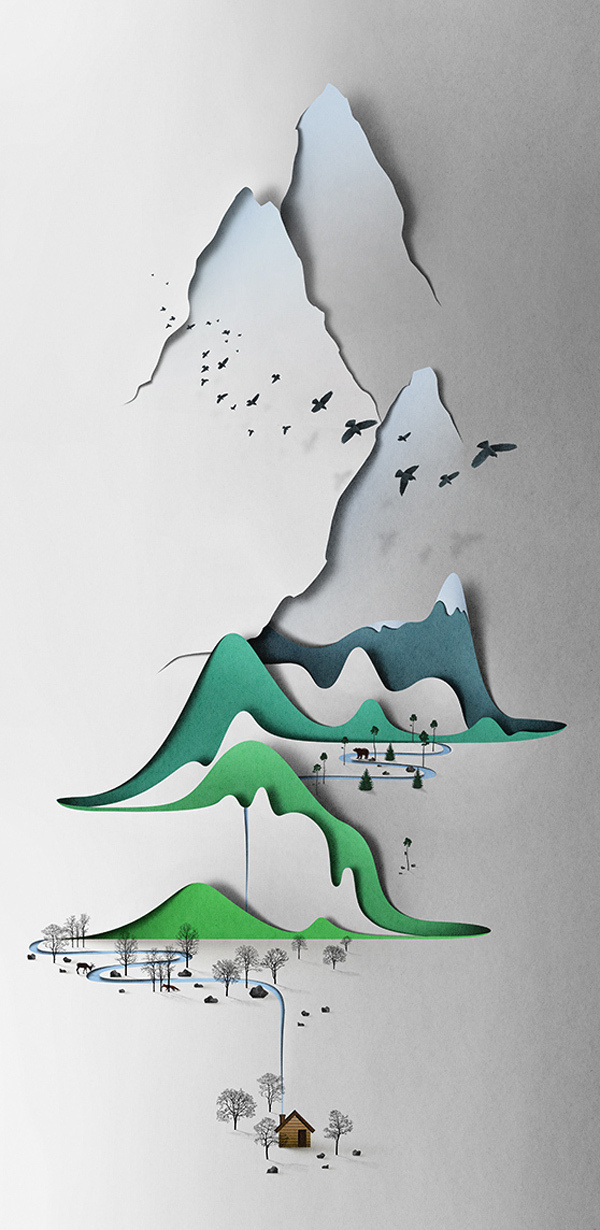 Vertical landscape by Eiko Ojala #3d #landscape #illustration #nature #mountains #valley #collage #paper #vertical