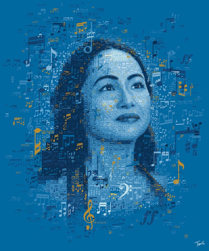 Mari Kawamura mosaic portrait made out of musical score.