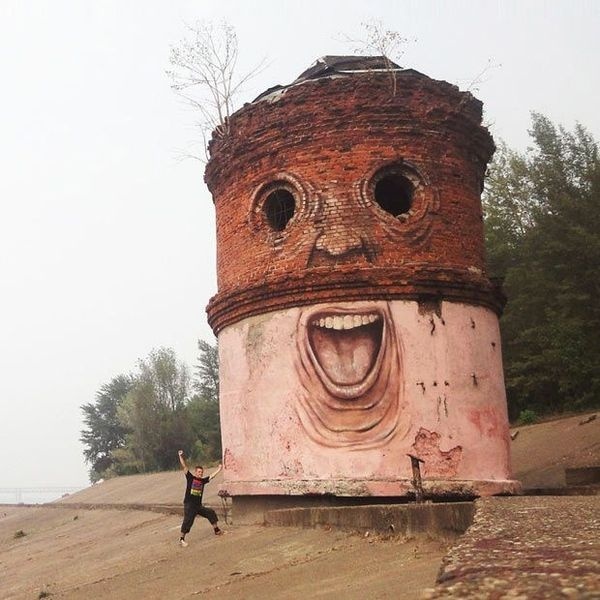 A street artist makes derelict structures come alive by adding eyes and facial features. Nikita Nomerz's work ranges from water towers pain #clever