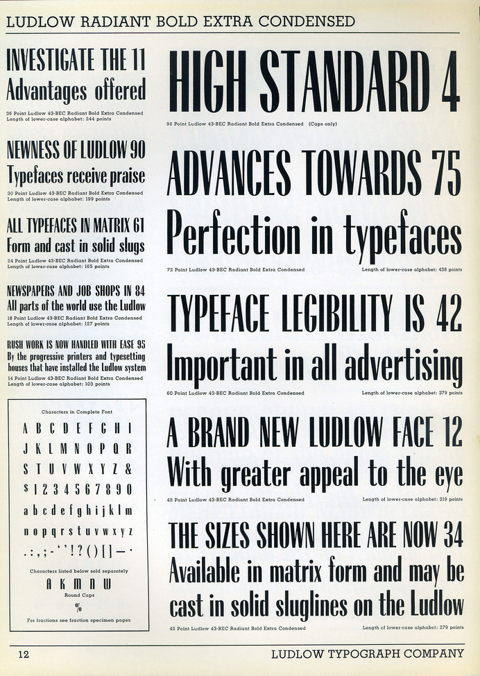 Ludlow Radiant Bold Extra Condensed type specimen #type #ludlow #specimen #typography
