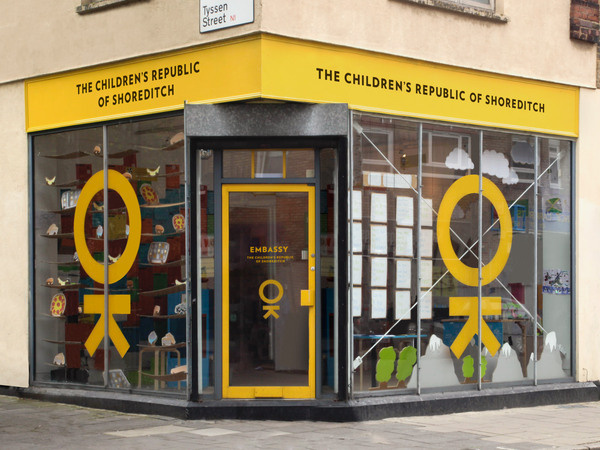 The Children's Republic of Shoreditch Burgess Studio #stickers #yellow #vinyl #identity #window #decals