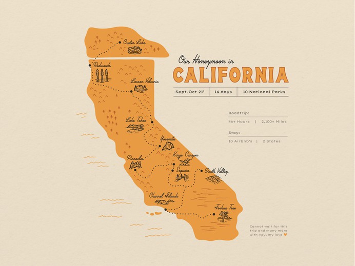 California Road Trip Map national park map park map national park california map california state california travel roadtrip map procreate outdoors nature design illustration
