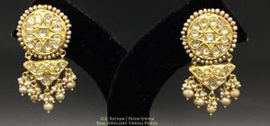 23k Gold and Diamond Polki Long Earring Pair with Antiqued Hyderabadi Pearls - gold diamond polki kundan meena jadau jewellery