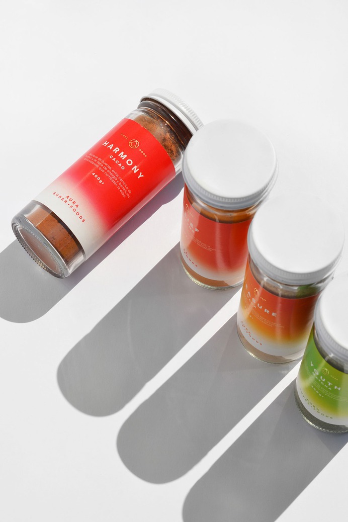 AURA Superfoods Packaging - Mindsparkle Mag Panel Studio designed Aura, a superfood brand inspired by the power of color and emotion. #logo #packaging #identity #branding #design #color #photography #graphic #design #gallery #blog #project #mindsparkle #mag #beautiful #portfolio #designer