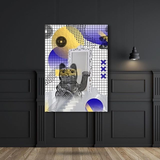 interior decor, Home decor, paintings, lucky cat, blue, gold, coins