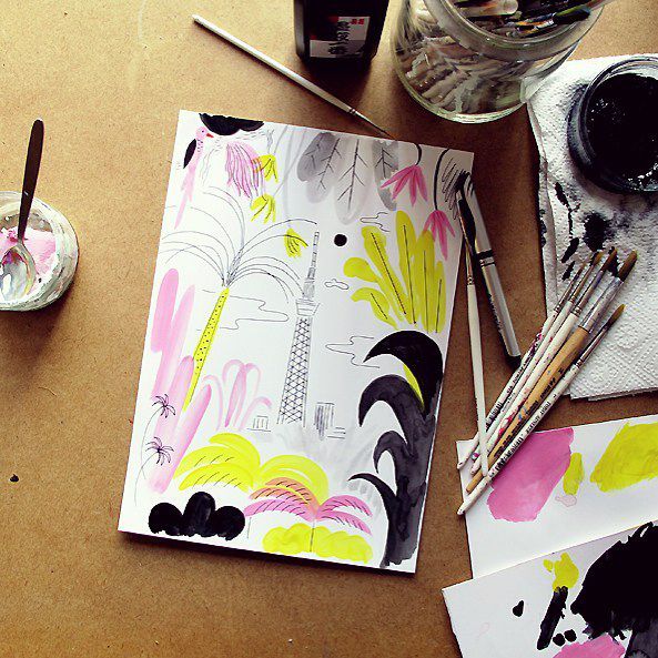 Tokyo skytree in a tropical mood, working on new artworks for an upcoming show in Tokyo in April🌴✏️🌴✏️#tokyoskytree #artoninstagram #illustagram #tokyo #illustration #onmydesk #artwork #original #originalart #workinprogress #pop #popart #drawing #inkonpaper #carolinloebbert