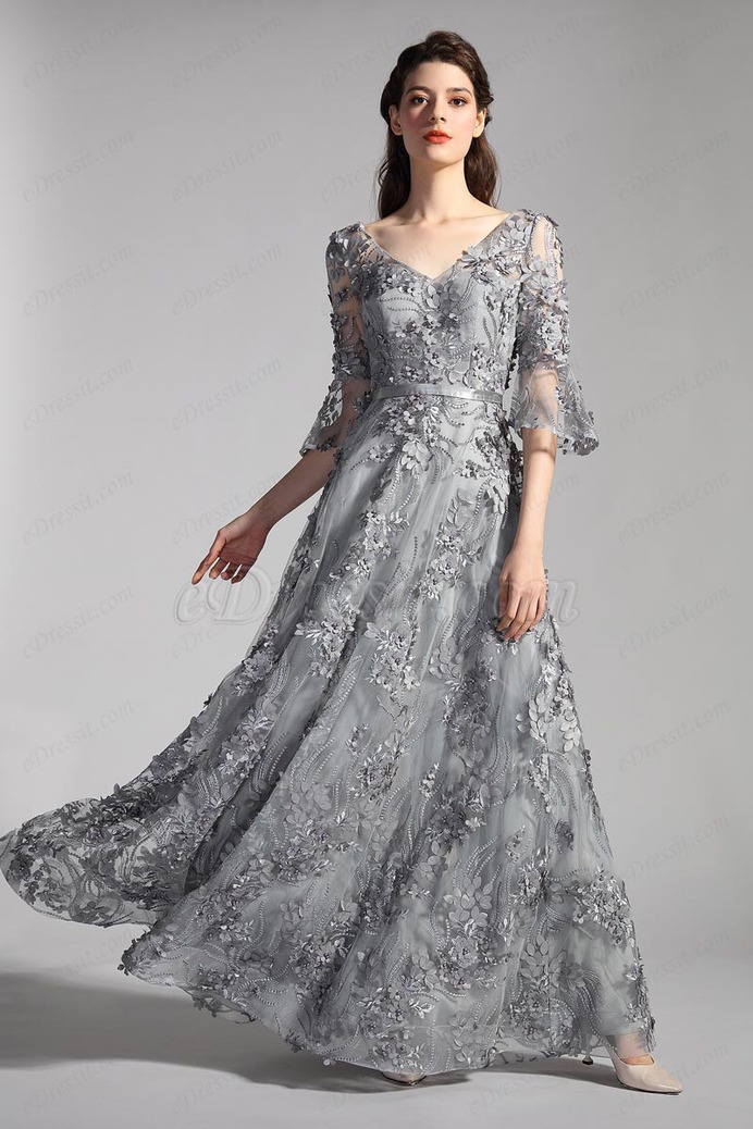 eDressit NEW Grey Sleeves Floral Fabric Evening Party Dress (26201808)