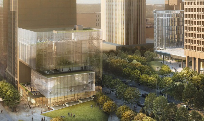 A new six-story building across from the SandRidge Building will include a restaurant, day care, assembly hall, fitness center and rooftop basketball courts. Rendering provided by Rogers Marvel Associates