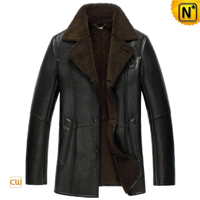 Black Sheepskin Lined Leather Coat for Men CW852531 #sheepskin #leather #coat
