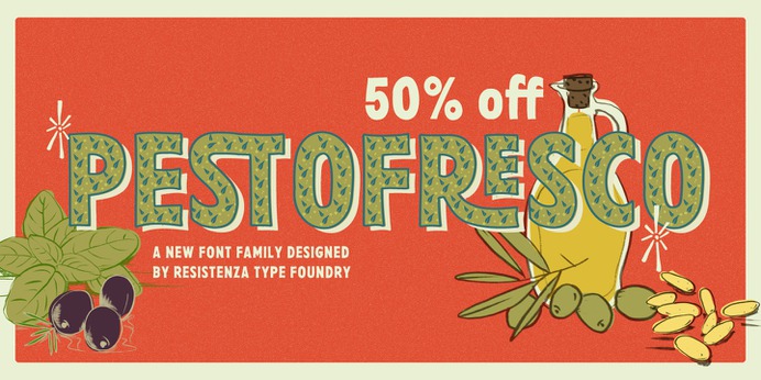 http://bit.ly/pestofresco Pesto Fresco #Font, can be easily combined and overlayed. Take a look at all 28 styles #type #typography 🍃🍃🍃 Available @myfonts Pesto Fresco is a new handwritten lettering system, a font family built by 28 fonts. Based on Screenprint technique, the aim is to get a textured result we can see in many old poster specially designed to be produced with that technology, bringing analog to digital. Overlapping Pesto Fresco Regular with any of the other decorative fonts you will get different graphic effects, so just choose the one fits better with your layout. This font can be used for different purposes from packaging design to web design. The Pesto Fresco posters are inspired by the typical products from the Italian Riviera in Liguria Region, homeland of Pesto, Focaccia and many other delicious delicatessen.