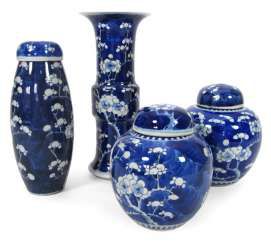 Two underglaze blue ginger pots, two vases and cover with Prunus decor #porcelain
