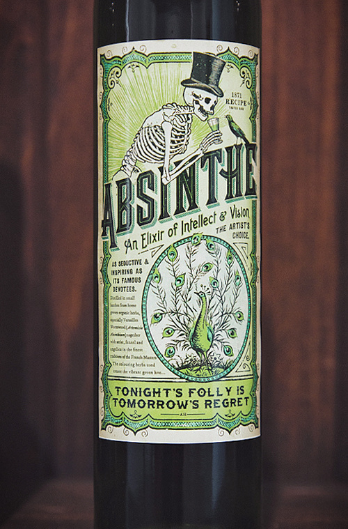 absinthe, label, skeleton, skull, bird, blackbird, green, elixir