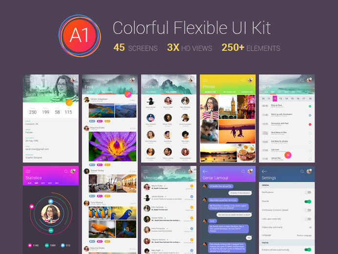 A1 is a colorful and flexible Android #ui kit that contains over 250 beautiful designed elements.