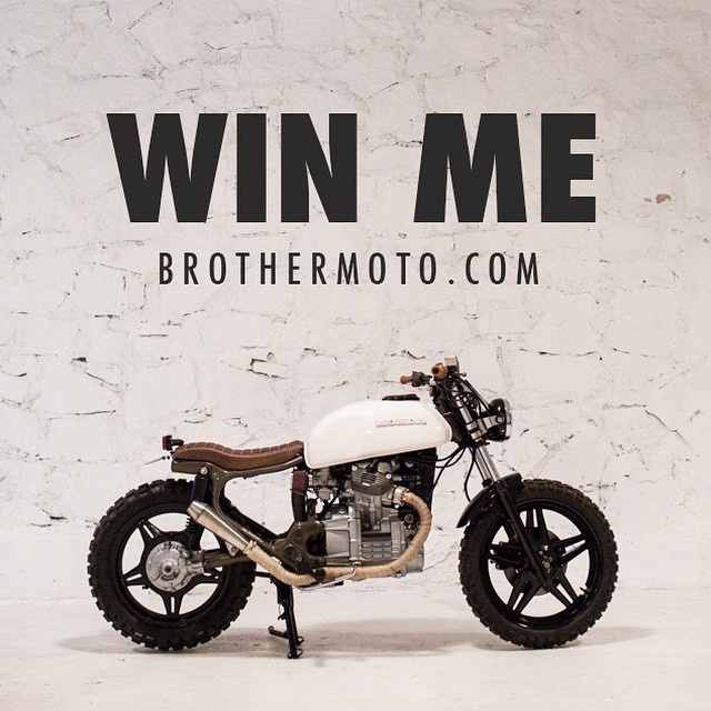 $10 donation and she could be yours! The money is going towards purchasing tools for our community shop. More info and to enter at www.broth #brothermoto #bratstyle #cx1 #giveaway #custom #culture #cx500 #caferacer #scrambler #motorcycle