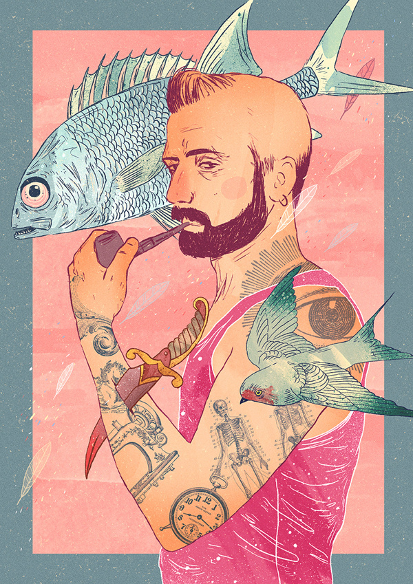 boy with clipart tattoo #oldschool #fish #hipster #williansantiago #bird #tattoo #vintage #poster #watercolor