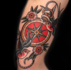 compass, sparrow, red, sailor jerry, tattoo