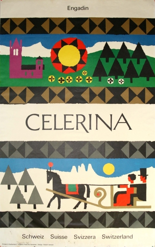Swiss poster by Robert Geisser, 1960s #sun #horse #robert #geisser #cityscape #landscape #poster #engadina #celerina #winter