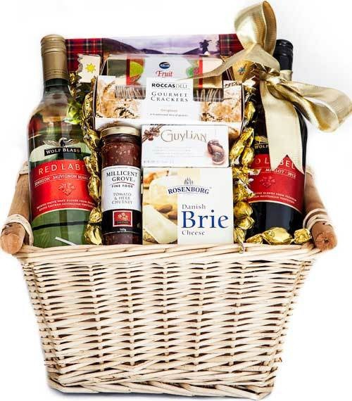 Send Wine Gift Basket to Australia Packed to please this Christmas, this hamper has red wine, white wine, and fine Christmas fare!