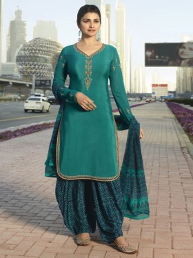 Bollywood Diva Prachi Desai Green Crepe Partywear Straight Cut Suit Online at Best Price.