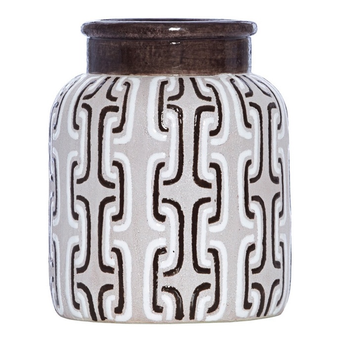 Chocolate & White Geometric Terracotta Vase, 25 cm