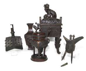 Five different bronzes: two incense burners, a Vase, Jue and bell