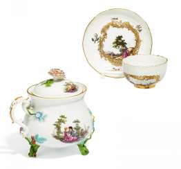 Cream pot with Watteau scenes & Cup and saucer with landscapes. Meissen #Sets #Teasets #Porcelainsets #Antiqueplates #Plates #Wallplates #Figures #Porcelainfigurines #porcelain